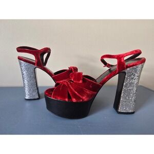 Saint Laurent Paris Red Velvet Platform Heels Glitter Heel Sandals EU 39
